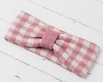 Gingham knitted headband - pink and white