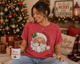 T-shirt de Noël vintage avec motif de Père Noël peint à la main