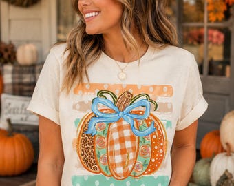 Chemise Coquette Pumpkin, T-shirt à motif floral léopard bleu et nœud, Haut de boutique d'automne
