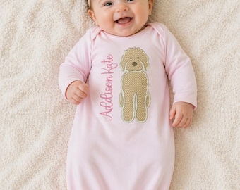 Personalized Baby Gown with Dog Applique | Custom Name Newborn Outfit