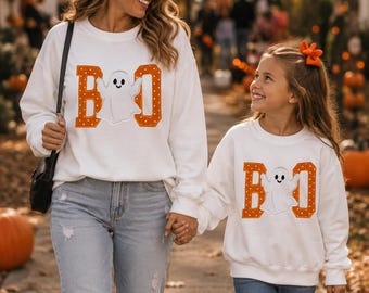 Sweat-shirt brodé BOO Fantôme, tenue assortie maman-enfant pour Halloween, chemise d'automne pour enfants