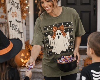 T-shirt Coquette Ghost Halloween, nœud à pois, motif Halloween