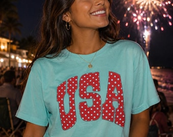 USA Patriotic Shirt, Fourth of July Tee, Retro USA Polka Dot Shirt, America Graphic Tee, Cute July 4th Shirt, BBQ Party Shirt, Fireworks Tee