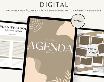 May include: Digital agenda and journal displayed on tablets. The main tablet shows "AGENDA DIGITAL" in a beige design. Other tablets show project planning and a vision board. Text includes "Organize your year, month, and day + tracking of your habits and finances."