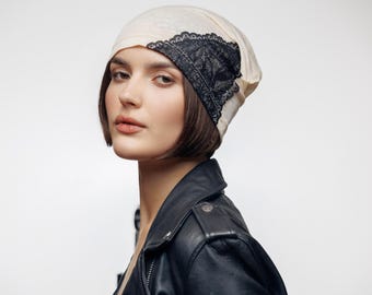 Ivory Linen Beanie with Black Lace: Chemo Cap, Breathable Oversized Hat