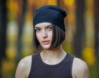 Black Linen Beanie Hat: Lace, Lightweight Chemo Cap.