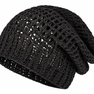 May include: A solid black slouchy beanie hat crafted with a textured, open-knit crochet pattern. The design features a ribbed knit band at the base and a loose, relaxed fit that creates a soft, draped silhouette toward the back of the head.