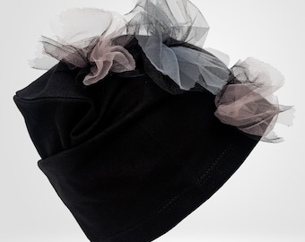Black Cotton Jersey Beanie Hat, French Style, Chemo Cap, Alopecia Hat with Tulle Bow