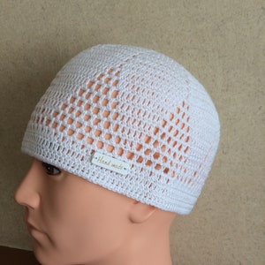 Crochet Summer Hat.White Cotton Short Men&#39;s Women&#39;s Beanie Cap.Knit Kufi Skull Cap.Lace Chemo Hat.Large Mesh Beach Docker Cap.Men Summer cap