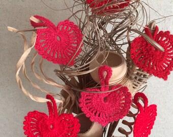 Crochet 6 Heart.Hand Made Heart Applications.Crochet Gift Decorations.Crochet Heart Ornaments-Accents.Crochet red Hearts.Embellishrd Hearts.