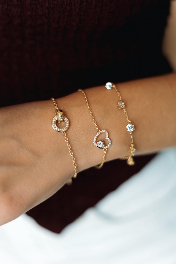 Minimalist Gold Bracelet CZ, Adjustable Chain 16+5 Cm, 3 Designs