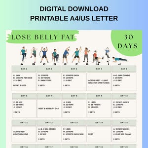 Puede incluir: Un plan de fitness descargable digitalmente titulado "Pierde Grasa Abdominal" con un programa de entrenamiento de 30 días. La carta A4/US imprimible incluye ejercicios ilustrados e instrucciones diarias.
