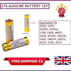 Op de afbeelding: Drie gouden 27A alkaline batterijen, 12V, met de tekst "ALKALINE BATTERY 27A 12V". De afbeelding bevat afmetingen: 28mm hoogte en 8mm diameter. Equivalente batterijtypes worden vermeld. De tekst "MADE IN CHINA" is ook zichtbaar.
