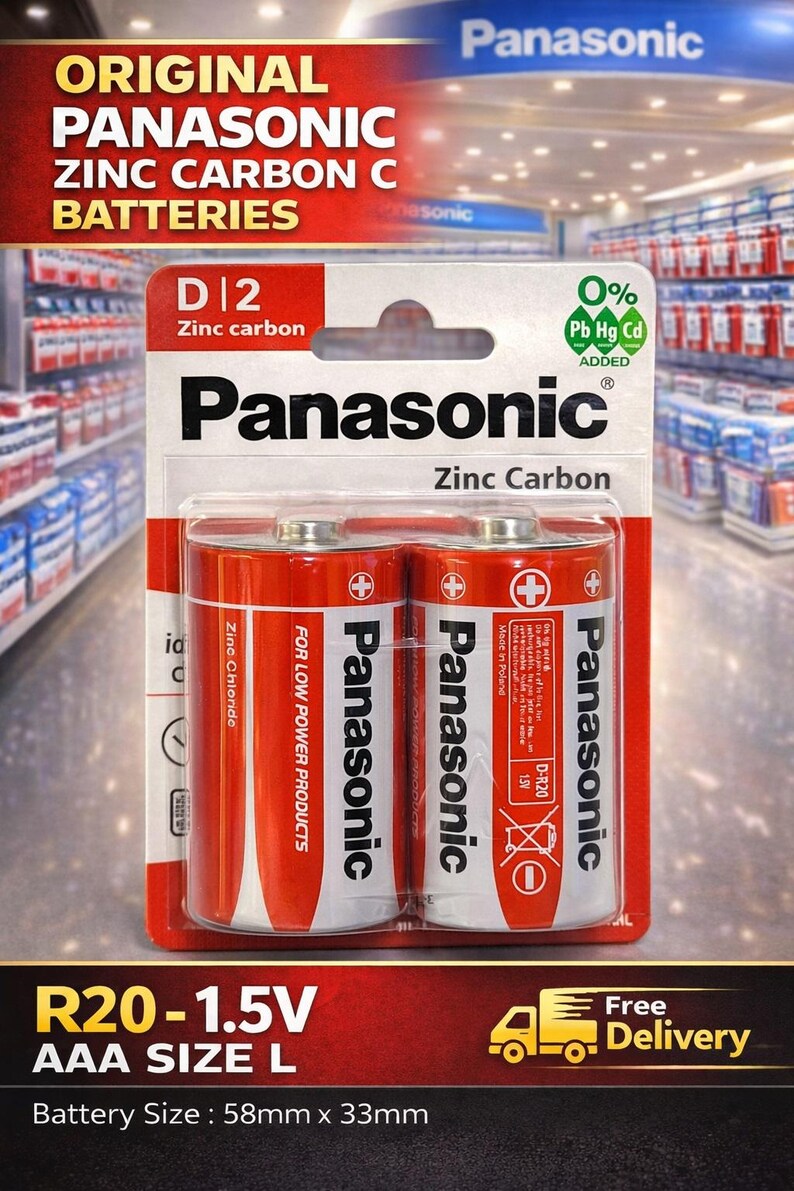 2PK Genuine Panasonic R20 Battery Size D2 1.5V Zinc Carbon for Remotes ...