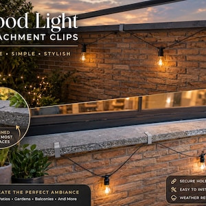 May include: Mood Light ATTACHMENT CLIPS. A set of metal clips designed to secure string lights to surfaces. The clips are shown installed on a stone ledge, holding a black wire with glowing light bulbs. Text includes SECURE, SIMPLE, STYLISH.