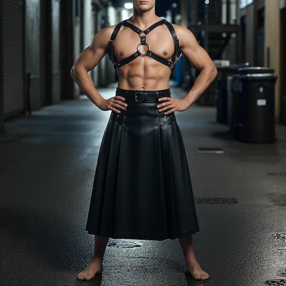 Handmade Black Leather Kilt with Gothic Harness: Cyberpunk Festival Outfit