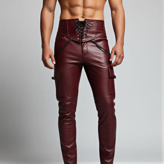 Mens Burgundy Leather Pants Lace Up High Waist Gothic Biker Cargo Trousers Handmade Custom Fit