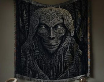 Gothic Forest Woven Blanket: Dark Enchanted Forest Being Hanging Tapestry, Skull Skeleton Design for Witches, Halloween Blanket, 100% Cotton