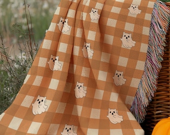 Gingham Cat Ghost Woven Blanket: Halloween Fall Couch Throw with Fringe