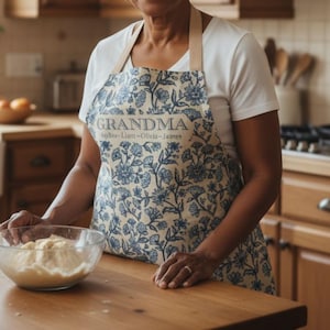 May include: A woman wearing a white t-shirt and a blue and white floral apron with the word "GRANDMA" is smiling in a kitchen. She is standing behind a wooden countertop with a glass bowl of dough. The kitchen has wooden cabinets and a window.