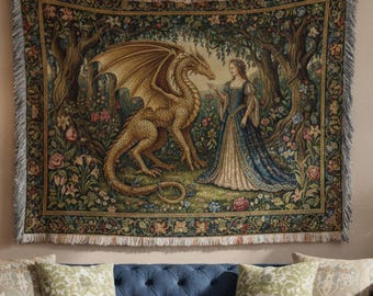 Medieval Dragon Tapestry: High Fantasy Ornate Renaissance Style Woven Blanket, Fairytale Dragon and Maiden, 100% Cotton