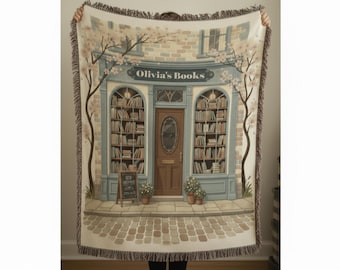 Custom Bookshop Woven Blanket: Cozy Storybook Scene Featuring Your Personalized Book Store Name