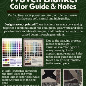 May include: A detailed guide to woven blankets, showcasing color palettes and design notes. The image highlights the weaving process, fringe details, and the use of premium cotton. The blankets feature a 2-inch fringe.