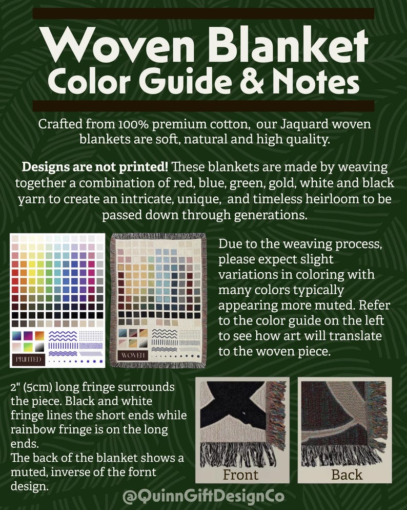 May include: A detailed guide to woven blankets, showcasing color palettes and design notes. The image highlights the weaving process, fringe details, and the use of premium cotton. The blankets feature a 2-inch fringe.