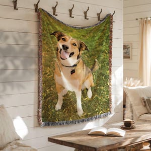 May include: Woven throw blanket featuring a smiling dog on a green grassy background. The dog is brown, tan, and white, wearing a black collar with a tag. The blanket is hanging on a white wall with decorative hooks.