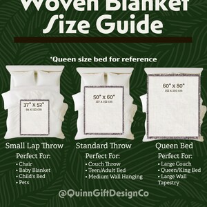 May include: A size guide for woven blankets, featuring three examples: a small lap throw (37" x 52"), a standard throw (50" x 60"), and a queen bed size (60" x 80"). The guide includes suggested uses for each size, such as chairs, couches, and beds.