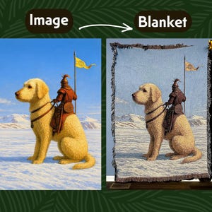 May include: A woven blanket featuring a golden Labrador Retriever with a medieval knight riding on its back. The dog is in a snowy landscape with a blue sky and a yellow flag. The blanket has a fringed edge.