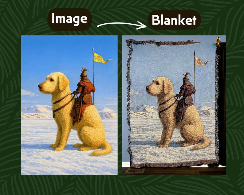 May include: A woven blanket featuring a golden Labrador Retriever with a medieval knight riding on its back. The dog is in a snowy landscape with a blue sky and a yellow flag. The blanket has a fringed edge.