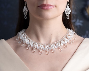 Gemstone, Austrian crystal and topaz necklace in white with earrings, wedding set