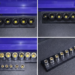 Può includere: Una collezione di organizzatori di prese neri con prese di varie dimensioni. Le prese sono argentate con interni gialli. Gli organizzatori sono disposti in una cassetta degli attrezzi blu.