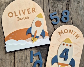 Space Rocket Birth Announcement and Milestone Set - Wooden and Acrylic Personalised Baby Name Sign