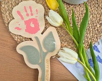 First Mother's Day Flower Baby Handprint Keepsake - Personalised Wooden and Acrylic Newborn Plaque