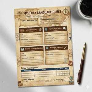 May include: A beige paper planner sheet titled My Daily Language Quest with a vintage world map background. It features sections for date, day, goal, word of the day, active listening, speaking practice, reading, writing, vocabulary, and reflection.