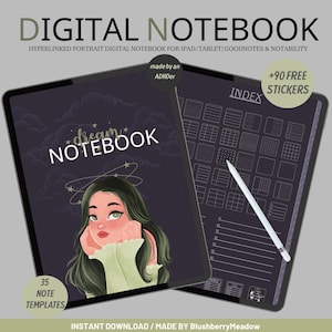 Peut inclure: Carnet numérique pour iPad/tablette avec le texte "dream NOTEBOOK" et un dessin de femme. Comprend 35 modèles de notes et +90 autocollants gratuits. Fabriqué par ADHDer.