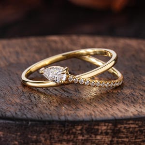 Open Pear Moissanite Ring, 14K Gold Bypass Wrap, Minimalist Shooting Star Style