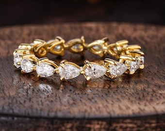 Pear Eternity Band, East West Moissanite Wedding Ring, Full Eternity Anniversary Band, Art Deco Stacking Ring, 14K Gold Statement Jewelry