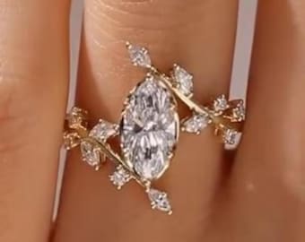 2 CT Marquise Cut Moissanite Ring Set Floral Leaf Engagement Ring 14K Gold Nature Inspired Wedding Ring for Women Unique Vintage Bridal Ring