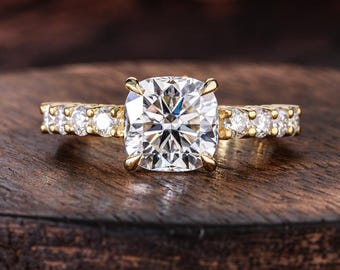 Cushion Cut Engagement Ring / Hidden Halo Ring/ Cushion Moissanite / Cathedral Pave Ring / Shared Prong Diamond Band / 14K Gold Wedding Ring
