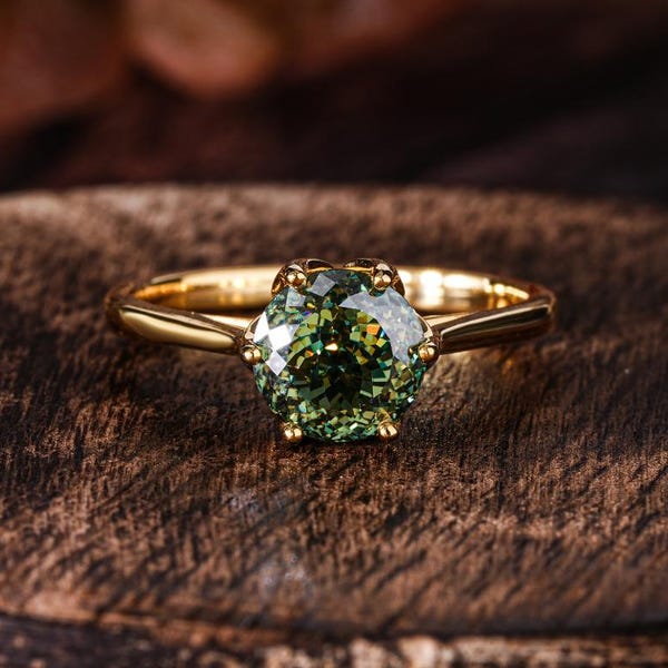 Portuguese Cut Green Moissanite Engagement Ring, Solitaire Wedding Ring, Six Petal Prong, Customised Ring Anniversary Gift Pinky Finger Ring