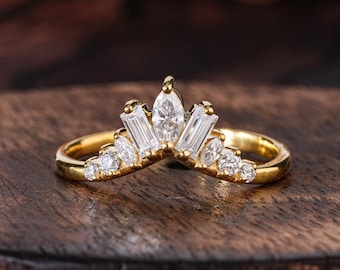 Art Deco Chevron Wedding Band / Baguette and Marquise Curved Ring / V Shape Tiara Band / Vintage Ring Enhancer / Geometric Stacking Ring
