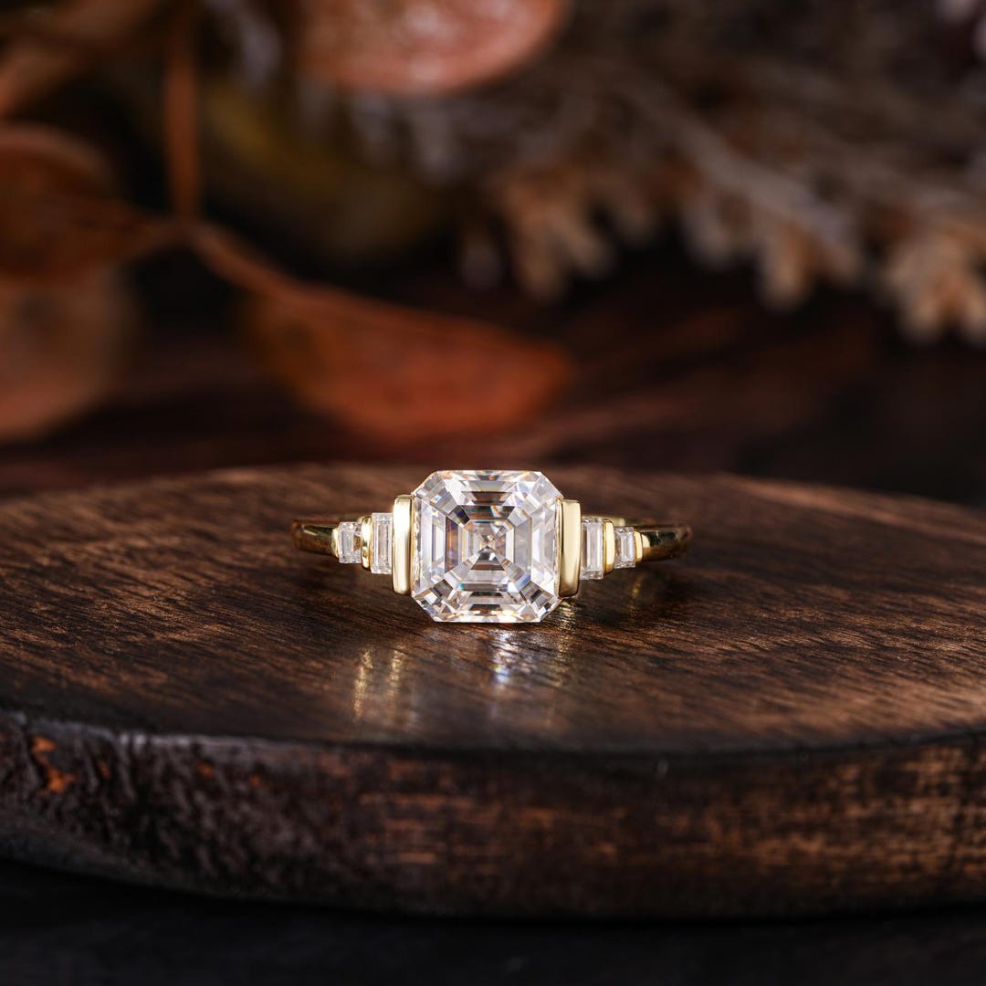 Step Cut Riing Asscher Cut Engagement Ring / Art Deco Ring / Baguette Side Stones ...
