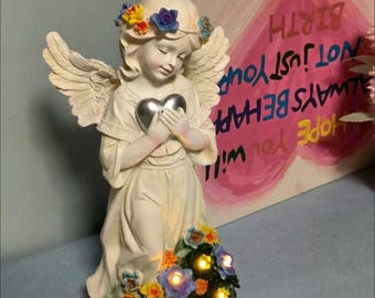Solar Angel Statue with Lights, Garden Fairy Decor, Resin Figurine Night Light, Patio Ornament, Outdoor Yard Art, Cottagecore Gift for Her