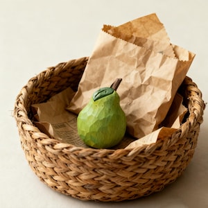 Peut inclure: Un panier rond en osier contient une poire en bois vert avec une tige et une feuille brunes. La poire repose sur un sac en papier brun froiss&eacute; et du journal. Le panier est fait de fibres naturelles.