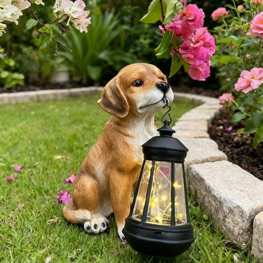 QCLUEU Statua da esterno Golden Retriever, con luci solari, decorazioni realistiche per figurine di cani, lampada impermeabile per la decorazione del
