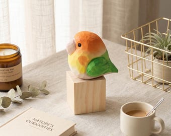 Figuras de pareja de loros y peonías hechas a mano, decoración relajante, regalo romántico de cumpleaños, artesanía ecológica de madera natural para la decoración del hogar y la oficina.