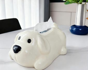 Ceramic Tissue Box Cover Dog Design, Cute Animal Themed Holder for Living Room Bedroom, White Yellow Napkin Organizer valentines gifts